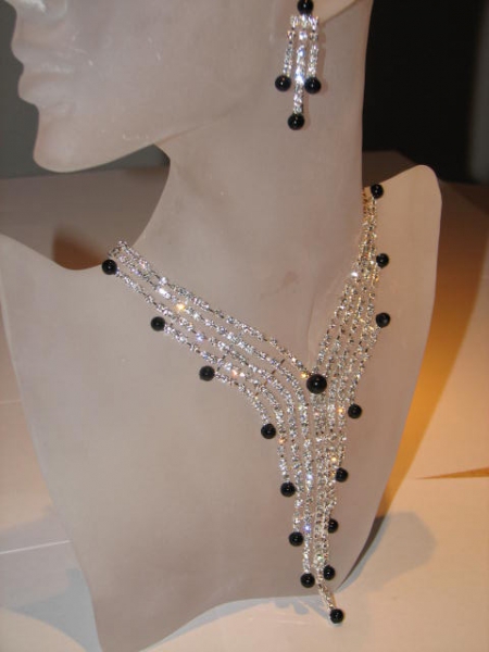 Collier-Set Strass lang schwarz